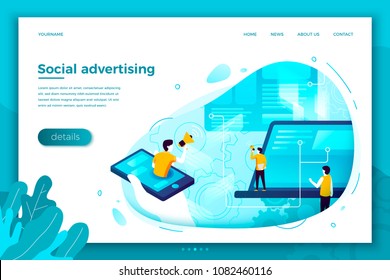 Vector concept illustration -  social network advertisement work process, people chatting,. Modern bright banner, site template with place for your text.