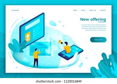 Vector concept illustration -  social network advertisement work process, new offering,. Modern bright banner, site template with place for your text.