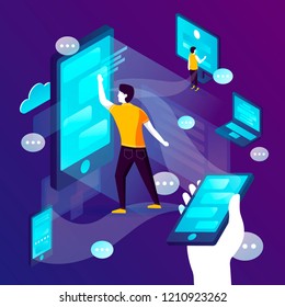 Vector concept illustration -  social network connections, people chatting,. Modern bright banner template with place for your text.