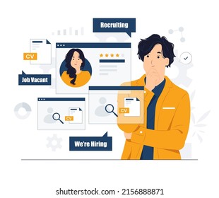 Vector Concept Illustration Specialists Choosing Best Candidate For Job, Profiles Of Various People With Ranking, Company Searching New Employee, Recruitment Process Flat Cartoon Style