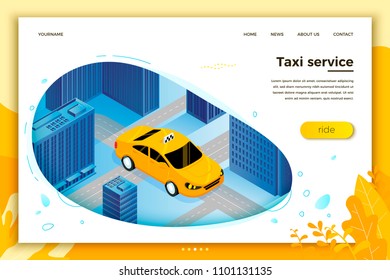 Vector concept illustration -  taxi cab riding for client. Modern bright banner, site template with place for your text.