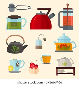 Vector concept illustration of tea party. Tea ceremony with icons isolated on white background.Set of  tea accessories: cup, teapot, tea bag, tea tools, glass in flat style. Tea time vector symbols. 
