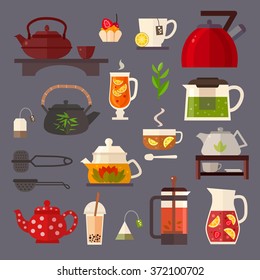 Vector concept illustration of tea party. Tea ceremony with icons isolated on white background.Set of  tea accessories: cup, teapot, tea bag, tea tools, glass in flat style. Tea time vector symbols. 