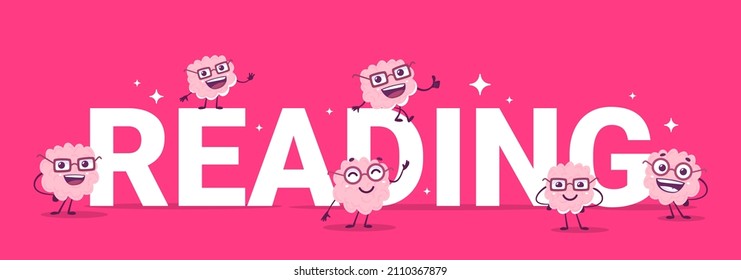 Vector concept illustration of team of happy pink brain character in glasses and word reading on color background. Flat doodle style knowledge creative design of happy human brain character with word