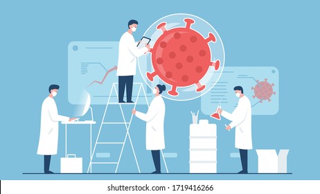 Vector concept illustration of a team of scientists working on coronavirus vaccine in the laboratory. It represents a concept of vaccine searches, medical protection and work of doctors and scientists