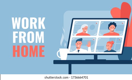 Vector concept illustration of a teamwork via conference. Group of people communicating via video conferencing program. Monitor with conference in a cozy room with a flower, cup of coffee on the table