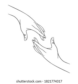 Vector concept illustration. Trust, help, care sign. Two hands reach out to each other.