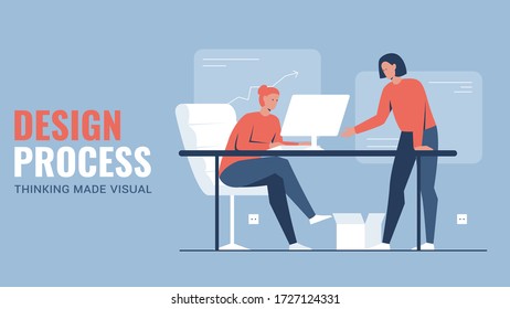 Vector concept illustration of two women in the office discussing project at the computer at the table. It represents a concept of teamwork, design thinking process and creative cooperation