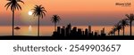 Vector concept illustration, view of the city of Miami, silhouettes of houses, palm trees against the backdrop of the rays of the sun and ocean, attractions, tourism, recreation, business.