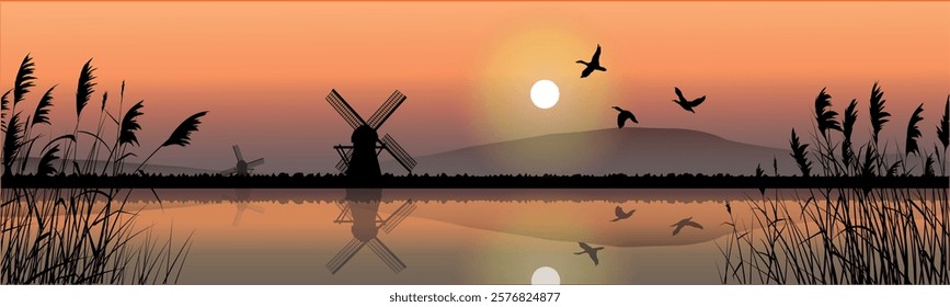 Vector concept illustration, view of the lake, sky and sun, against the background of silhouettes of old windmills, beautiful views, vintage landmarks, tourism, rarity.