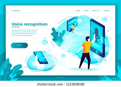 Vector concept illustration -  voice recognition application on devices, man speaking. Modern bright banner, site template with place for your text.