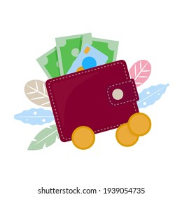 Vector concept illustration. Wallet, purse with paper money, credit card and coins. Flat vector cartoon illustration. Wallet top view, isolated on white background.