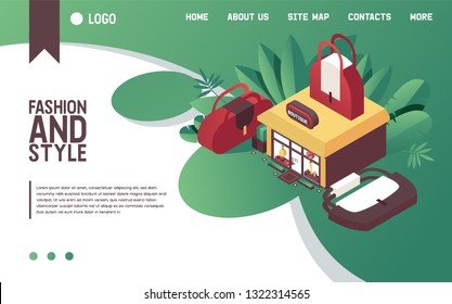 Vector concept illustration with woman bags and clothes boutique building in isometric style. Fashion landing page good for web site design in bright gradients with large purses and greenery