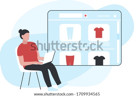 Vector concept illustration of a woman piking clothes from laptop screen, looking through items in an online store. It represents a concept of online shopping, website design or modern landing page