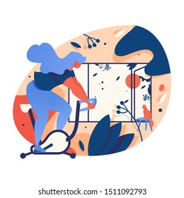 Vector concept illustration with woman riding exercise bicycle at home. Interior scene drawn with bright orange and blue, good for garage gym and individual training