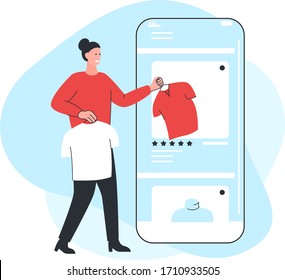 Vector concept illustration of a woman taking clothes from mobile phone screen. It represents a concept of online shopping, website design or modern landing page