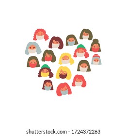 Vector concept illustration of women faces wearing cute breathing face masks in form of heart on white. Breathing face masks. Modern covid-19 illustration of people social isolation. coronavirus shirt