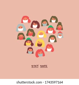 Vector concept illustration of women faces wearing cute breathing face masks in form of heart on pink. Breathing face masks. Modern covid-19 illustration of people social isolation. coronavirus shirt