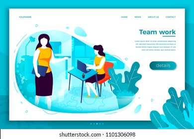 Vector concept illustration -  women with notebook, working in office. Modern bright banner, site template with place for your text.