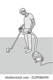 Vector concept illustration of a young adult man using a vacuum cleaner