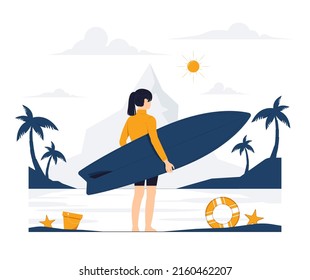 Vector concept illustration of young Beautiful woman standing from behind with a surf board on beach, Summer time flat cartoon style