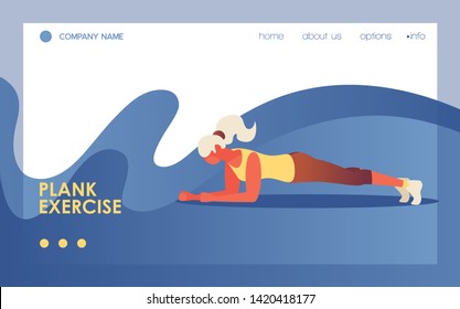 Vector concept illustration with young girl doing plank exercise. Blue wave, text and vivid gradients. Bright template for web site or landing page for gym or sport courses.