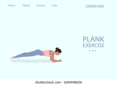 Vector concept illustration with young girl doing plank exercise. Bright template for web site or landing page for gym or sport courses.