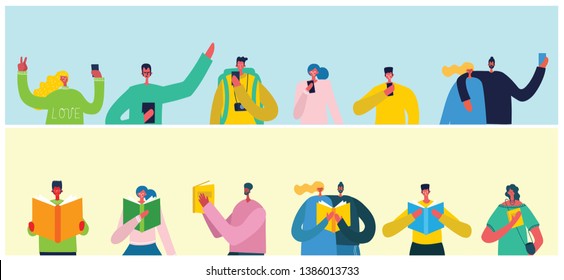 Vector concept illustrations of people who read the books and people who use the smartphones