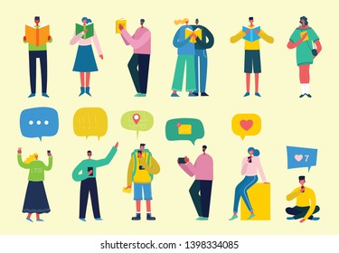 Vector concept illustrations of people who read the books and people who use the smartphones in the flat style