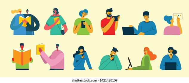 Vector concept illustrations of people who read the books and people who use the smartphones