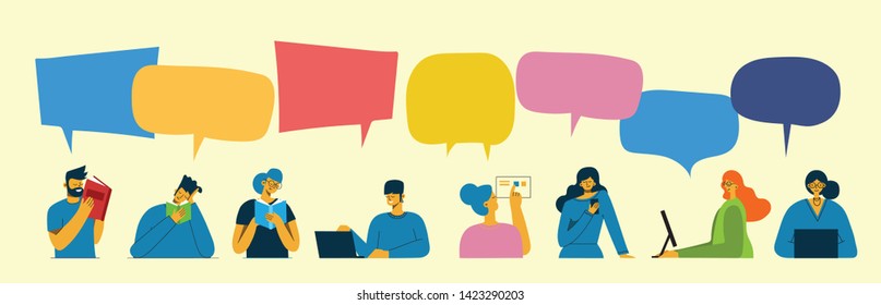 Vector concept illustrations of people who read the books and people who use the smartphones with speech bubbles