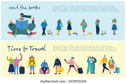 Vector concept illustrations of Reading the books and Time to travel in the flat style.