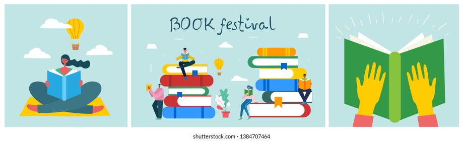 Vector concept illustrations of World Book Day and Book festival in the flat style. People sit, stand and walk and read a book