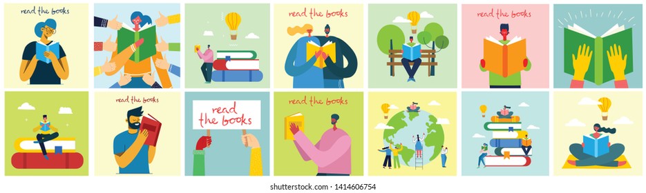 Vector concept illustrations of World Book Day and Book festival in the flat style. People read the book.