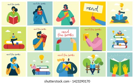 Vector concept illustrations of World Book Day, Reading the books and Book festival in the flat style. People sit, stand and walk and read a book 