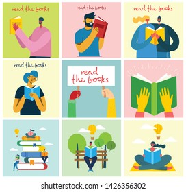 Vector concept illustrations of World Book Day, Reading the books and Book festival in the flat style. People sit, stand and walk and read a book