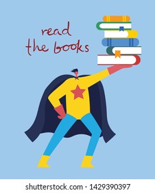 Vector concept illustrations of World Book Day, Reading the books and Book festival in the flat style. Superhero  with books.