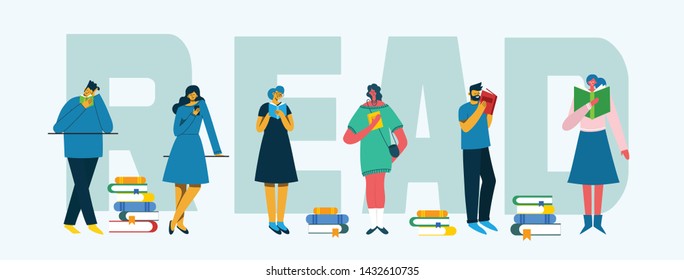 Vector concept illustrations of World Book Day, Reading the books and Book festival in the flat style. People sit, stand and walk and read a book