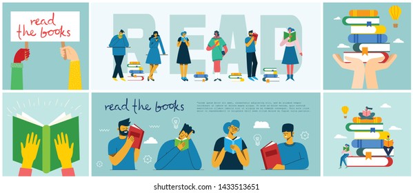Vector concept illustrations of World Book Day, Reading the books and Book festival in the flat style. People sit, stand and walk and read a book