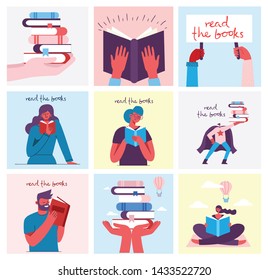 Vector concept illustrations of World Book Day, Reading the books and Book festival in the flat style. People sit, stand and walk and read a book