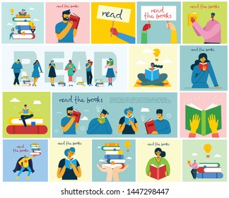 Vector concept illustrations of World Book Day, Reading the books and Book festival in the flat style. People sit, stand and walk and read a book