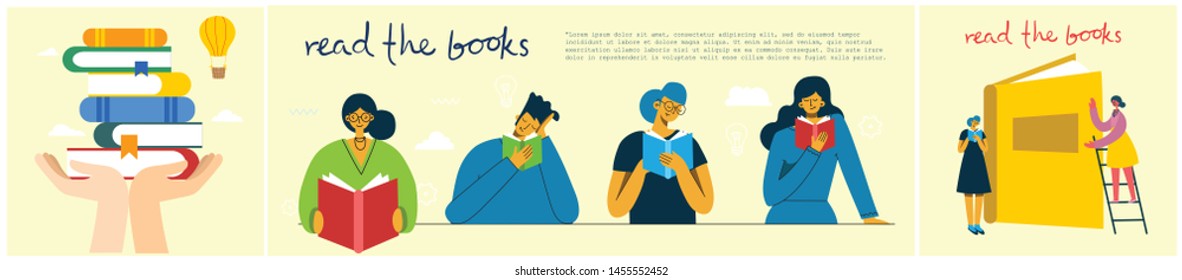 Vector concept illustrations of World Book Day, Reading the books and Book festival in the flat style. People sit, stand and walk and read a book