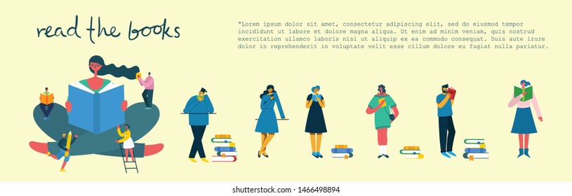 Vector concept illustrations of World Book Day, Reading the books and Book festival in the flat style. People sit, stand and walk and read a book