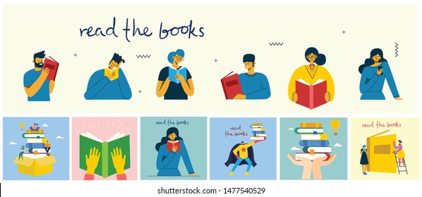 Vector concept illustrations of World Book Day, Reading the books and Book festival in the flat style. People sit, stand and walk and read a book