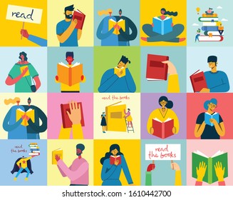 Vector concept illustrations of World Book Day, Reading the books and Book festival in the flat style.