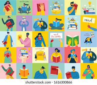 Vector concept illustrations of World Book Day, Reading the books and Book festival in the flat style.