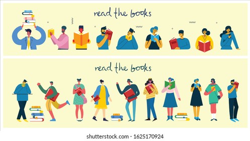 Vector concept illustrations of World Book Day, Reading the books and Book festival in the flat style. People sit, stand and walk and read a book