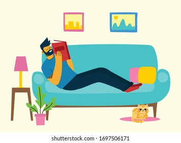 Vector concept illustrations of World Book Day, Reading the books and Book festival in the flat style. People stay at home and read a book