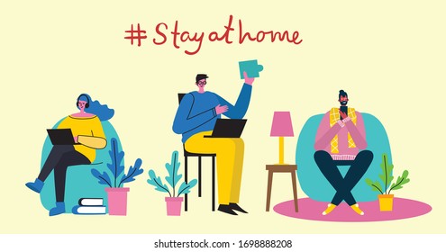 Vector concept illustrations of World Book Day, Reading the books and Book festival in the flat style. People stay at home and read a book