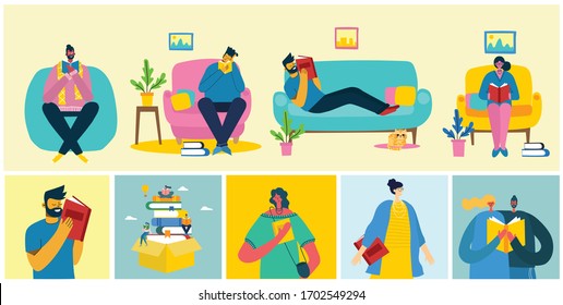 Vector concept illustrations of World Book Day, Reading the books and Book festival in the flat style.